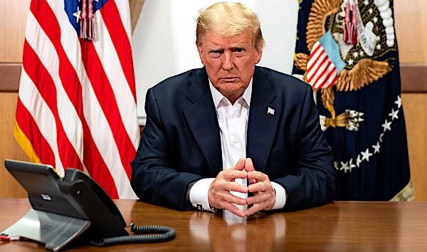 President Donald J. Trump, joined by Chief of Staff Mark Meadows, participates in a phone call with Vice President Mike Pence, Secretary of Defense Mark Esper, Secretary of State Mike Pompeo, Chairman of the Joint Chiefs of Staff Gen. Mark Milley and National Security Advisor Robert O'Brien Sunday, Oct. 4, 2020, in his conference room at Walter Reed National Military Medical Center in Bethesda, Maryland. (Official White House photo by Tia Dufour)