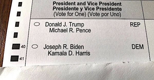 A 2020 presidential ballot featuring President Donald J. Trump against Joe Biden (Photo by Joe Kovacs)