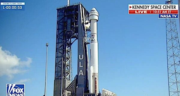 The Boeing Starliner on the launch pad moments before liftoff Wednesday, June 5, 2024, from Cape Canaveral, Florida. (Video screenshot)