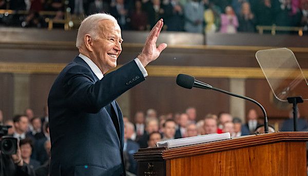 Joe Biden waves to the crowd as he prepares to deliver his State of the Union address to a joint session of Congress in the House Chamber at the U.S. Capitol, Thursday, March 7, 2024, in Washington, D.C. (Official White House photo by Adam Schultz)