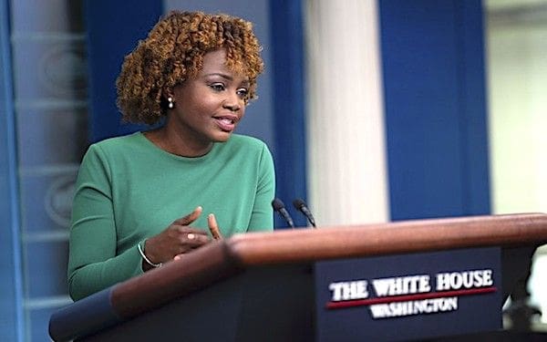 White House press secretary Karine Jean-Pierre during a daily press briefing Monday, Aug. 28, 2023, in the James S. Brady Press Briefing Room of the White House. (Official White House photo by Carlos M. Vazquez II)