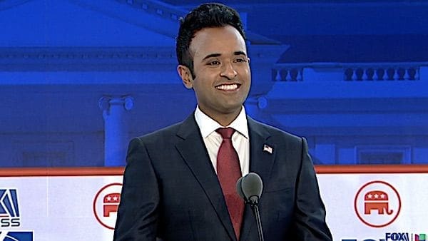 Businessman Vivek Ramaswamy at the second Republican presidential primary debate in Simi Valley, California, Wednesday, Sept. 27, 2023. (Video screenshot)