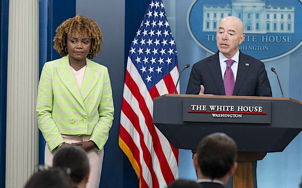 Secretary of Homeland Security Alejandro Mayorkas speaks alongside Press Secretary Karine Jean-Pierre during a press briefing, Monday, July 15, 2024, in the James S. Brady Press Briefing Room of the White House. (Official White House photo by Oliver Contreras)