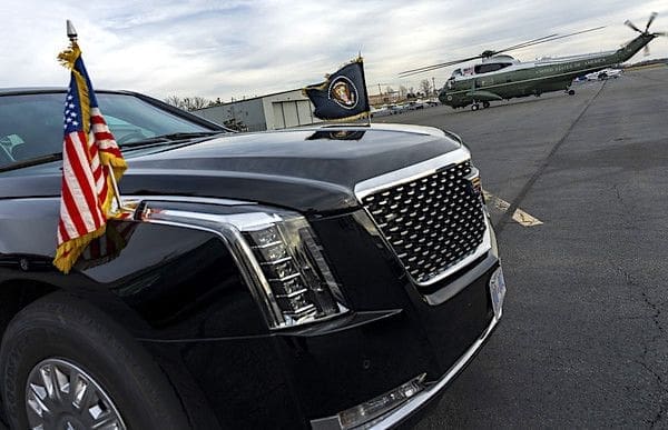 The presidential limousine, known as 'The Beast,' sits on the tarmac as Marine One, with Joe Biden aboard, arrives at Leesburg Executive Airport in Leesburg, Virginia, Thursday, Feb. 8, 2024. (Official White House photo by Oliver Contreras)