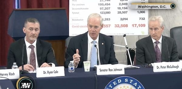 Dr. Ryan Cole, Sen. Ron Johnson, R-Wisc., and Dr. Peter McCullough at a roundtable in Washington, D.C., on the COVID-19 vaccines and the link to injuries (Video screenshot)
