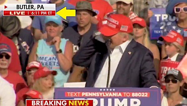 A bullet strikes the ear of former President Donald Trump at 6:11 p.m. Eastern Time in Butler, Pennsylvania, on Saturday, July 13, 2024 (Video screenshot)