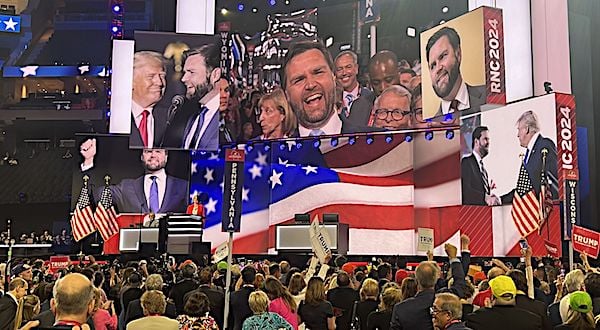Republicans celebrate as Donald Trump picks JD Vance as his running mate at the Republlican National Convention in Milwaukee on Monday, July 15, 2024 (Photo by Kiira Turnbow)