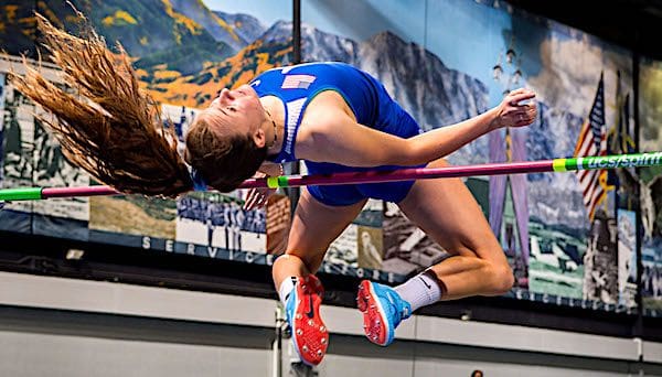 Air Force's Kendra Middleton competes in the high jump during the Air Force Invitational at the Cadet Field House in Colorado Springs, Colo., Jan. 23, 2021. (U.S. Air Force photo by Trevor Cokley)