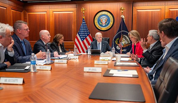 Joe Biden and Kamala Harris are briefed by national security advisers and members of law enforcement agencies on the assassination attempt Saturday on former President Trump in Butler, Pennsylvania, Sunday, July 14, 2024, in the White House Situation Room. (Official White House photo by Adam Schultz)