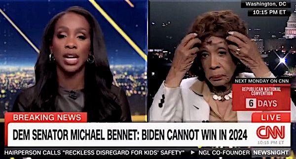 U.S. Rep. Maxine Waters, D-Calif., spends 26 seconds adjusting her hair during a live interview with CNN's Abby Phillip on Tuesday, July 9, 2024. (Video screenshot)