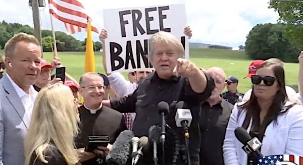 Steve Bannon, center, urges Americans to step up to fight for freedom as he begins his four-month prison sentence at the Federal Correctional Institution in Danbury, Connecticut, Monday, July 1, 2024. (Video screenshot)