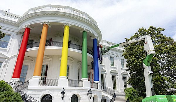Workers decorate the South Portico of the White House in preparation for an upcoming Pride celebration, Tuesday, June 25, 2024. (Official White House photo by Katie Ricks)