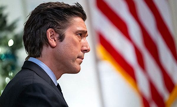 David Muir of ABC's 'World News Tonight' tapes a TV interview with Joe Biden on Wednesday, Dec. 22, 2021, in the Cross Hall of the White House. (Official White House photo by Adam Schultz)