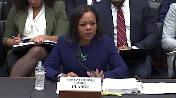 Kristen Clarke, assistant attorney general for the Civil Rights Division at the U.S. Department of Justice, testifies during a House Judiciary Committee hearing Tuesday, Dec. 4, 2023. (Video screenshot)