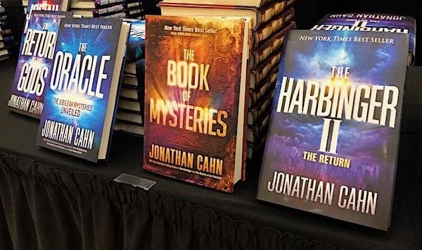 Books by Jonathan Cahn on display in Port St. Lucie, Florida, on the National Day of Prayer, Thursday, May 2, 2024 (Photo by Joe Kovacs)