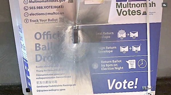 An official ballot drop box in Portland, Oregon, was the victim of arson early Monday morning, Oct. 28, 2024 (Video screenshot)