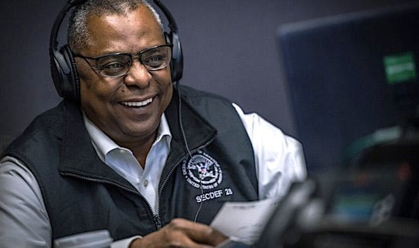 U.S. Secretary of Defense Lloyd J. Austin III conducts holiday video calls to deployed service members during a return flight to the United States following a weeklong trip to Southeast Asia, Nov. 23, 2022. (U.S. Defense Department photo by Chad McNeeley)