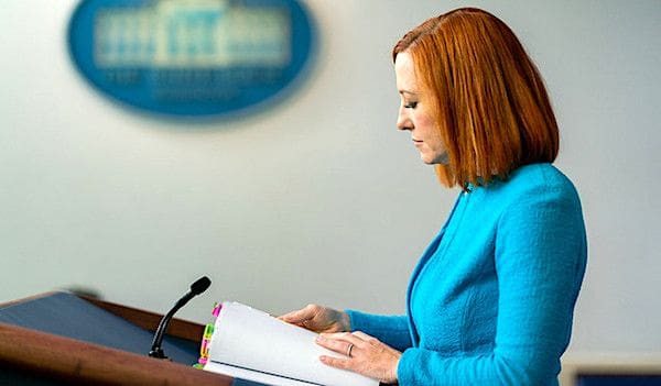 White House Press Secretary Jen Psaki pauses for a moment as she addresses reporters on Thursday, April 15, 2021, in the James S. Brady Press Briefing Room of the White House. (Official White House photo by Cameron Smith)