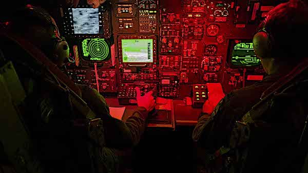 Airmen operate radar and navigation controls inside a B-52H Stratofortress during a task force mission over the eastern Mediterranean Sea, Sept. 16, 2020. (U.S. Air Force photo by Master Sgt. Burt Traynor)