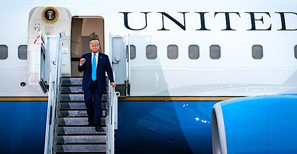 President Donald J. Trump disembarks Air Force One at Arnold Palmer Regional Airport in Latrobe, Pennsylvania, Thursday, Sept. 3, 2020, and is greeted by guests and supporters. (Official White House photo by Tia Dufour)