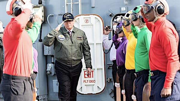 President Donald Trump salutes sailors before boarding Marine One on the PCU Gerald R. Ford, Newport News, Virginia en route to Langley Air Force Base, Hampton, Virginia, Thursday, March 2, 2017. (Official White House Photo by Shealah Craighead)