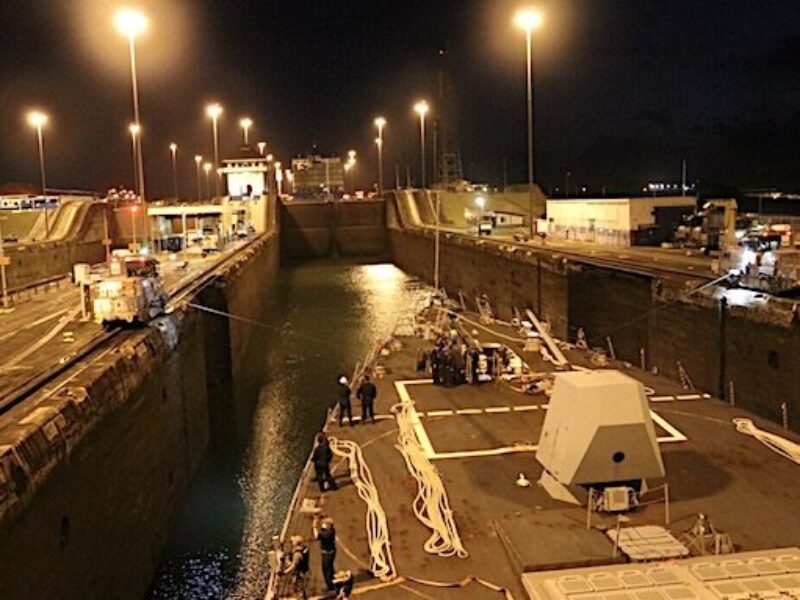 The Arleigh Burke-class guided-missile destroyer USS James E. Williams (DDG 95) transits the Panama Canal, Jan. 23, 2021. (U.S. Navy photo by Ensign Gabrielle Huezo)