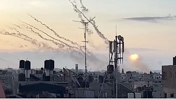 Muslim terrorists with Hamas fire a barrage of rockets against Israel on Saturday, Oct. 7, 2023
