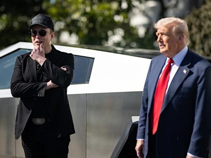 DOGE leader Elon Musk and President Donald J. Trump stand in front of a Tesla Cybertruck at the White House on Tuesday, March 11, 2025 (Official White House photo)