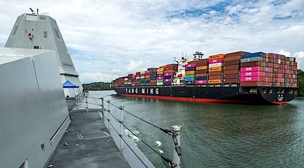 The guided-missile destroyer Pre-Commissioning Unit Michael Monsoor transits the Panama Canal on Nov. 28, 2018. (U.S. Navy photo by Mass Communication Specialist 1st Class John Philip Wagner Jr.)