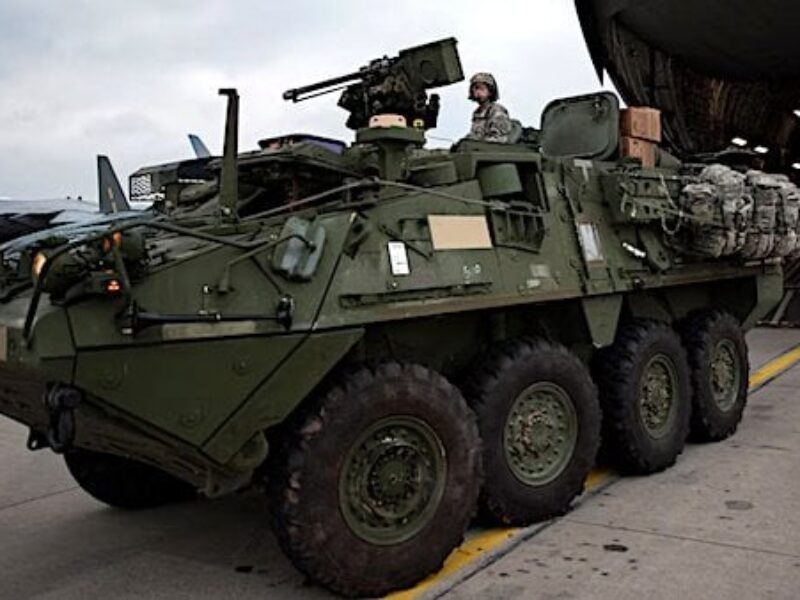 A 2nd Cavalry Regiment Stryker off-loads from a C-17 Globemaster III in support of Steadfast Javelin II Sept. 4, 2014, at Ramstein Air Base, Germany. (U.S. Air Force photo by Senior Airman Damon Kasberg)