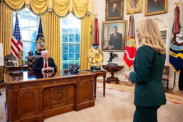 President Donald Trump and White House Press Secretary Karoline Leavitt in the Oval office on Wednesday, March 26, 2025 (Official White House photo)