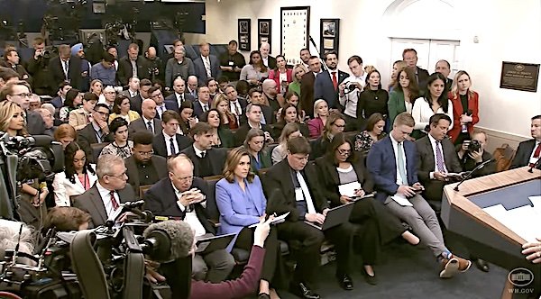 The White House press corps attends a news briefing by Press Secretary Karoline Leavitt on Tuesday, April 1, 2025 (Video screenshot)
