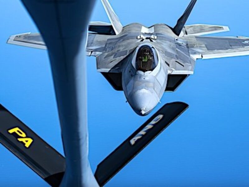 A Pennsylvania Air National Guard KC-135 Stratotanker provides fuel for an F-22 Raptor from Joint Base Langley–Eustis, Virginia, Wednesday, April 2, 2025. (U.S. Air National Guard photo by Master Sgt. George Perkins)