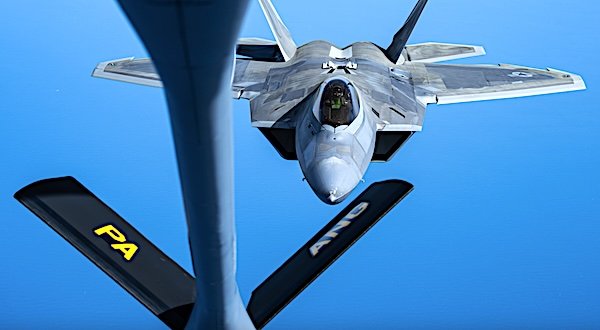 A Pennsylvania Air National Guard KC-135 Stratotanker provides fuel for an F-22 Raptor from Joint Base Langley–Eustis, Virginia, Wednesday, April 2, 2025. (U.S. Air National Guard photo by Master Sgt. George Perkins)
