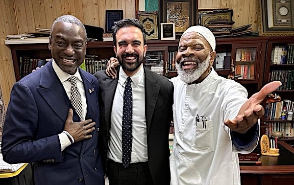 Zohran Mamdani, center, with imam Siraj Wahhaj, right