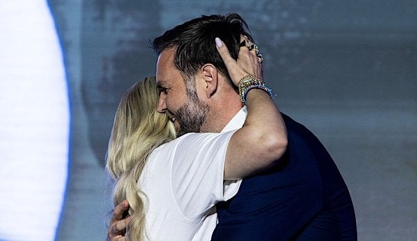Vice President JD Vance hugs Erika Kirk on stage at the University of Mississippi on Wednesday, Oct. 29, 2025 (Video screenshot)