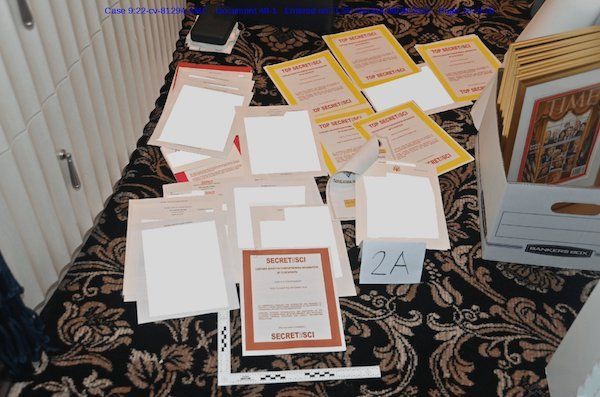 FBI photo of documents seized in the raid of former President Trump's Mar-a-Lago estate.