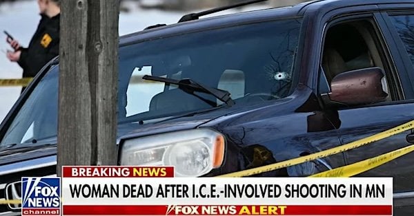 A bullet hole is visible after a federal agent shot anti-ICE activist Renee Nicole Good in Minneapolis on Wednesday, Jan. 7, 2026 (Video screenshot)