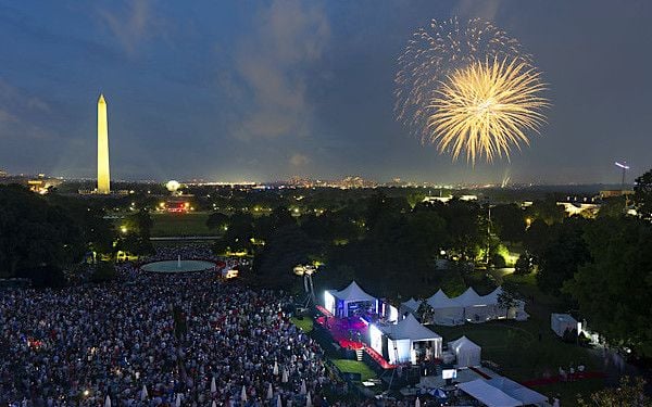 Guests watch a Fourth of July fireworks display over the National Mall, Thursday, July 4, 2024, from the South Lawn of the White House. (Official White House photo by Oliver Contreras)