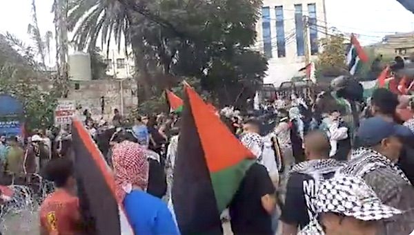 Protesters outside the U.S. Embassy in Beirut, Lebanon, Tuesday, Oct. 17, 2023 (Video screenshot)